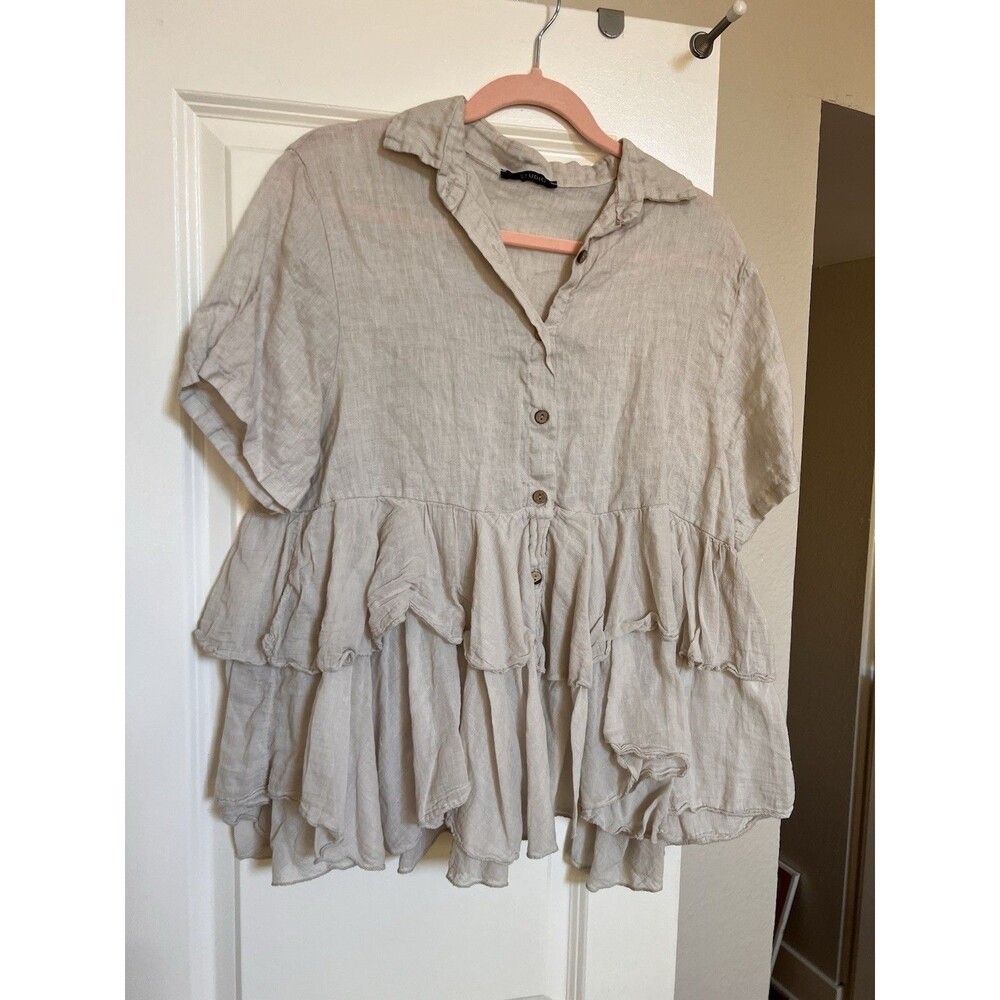 Studio Linen And Cotton Stone Colored Top With Two Tier Flounce Size XL